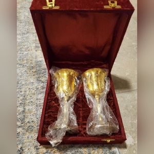 Set of 2 Vintage brass goblets, holiday, wedding drinkware Chalace In Red Velvet
